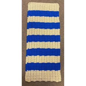 Crochet Knit Afghan Lap Blanket Runner Beige Blue Stripe 18"‎ x 44"
